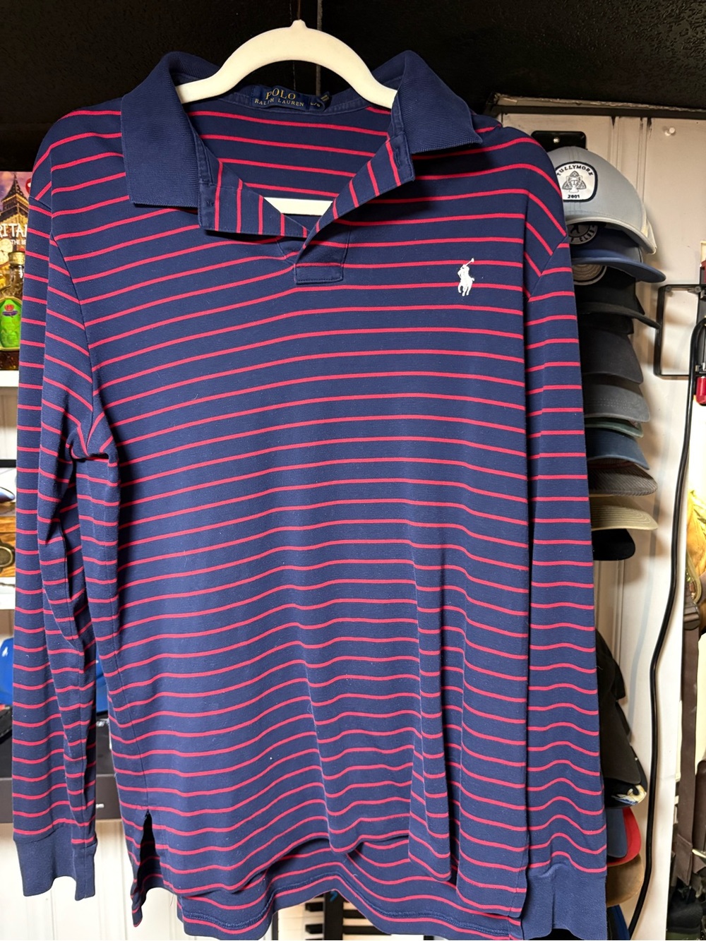 Ralph Lauren Navy Long Sleeve Striped Polo with Red Stripes